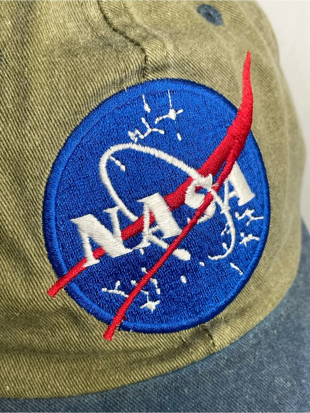 VTG NASA Insignia Embroidered Cotton Cap Plastic Lines Adjustable Snap Olive Hat